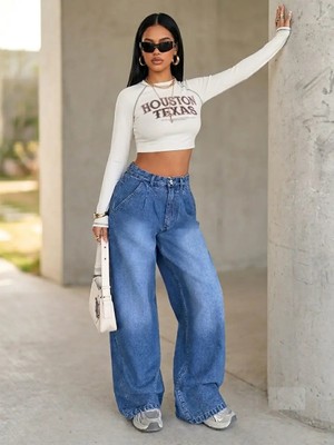 Shevega Kadın Mavi Yüksek Bel Yan Cepli Baggy Jeans Salaş Kot Pantolon