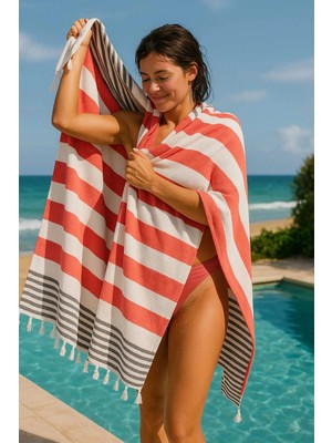 Universal Mimoza Unisex Peştemal Plaj Havlusu 100X180 cm %100 Pamuklu Soft Kırmızı-Siyah