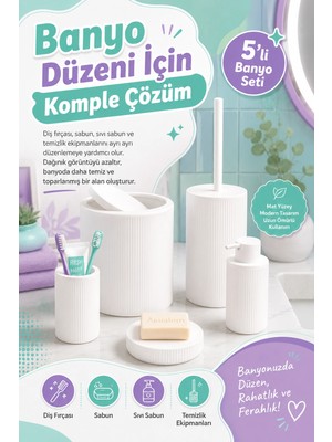 Aesco Şık Görünümlü Beyaz Banyo Aksesuar Takımı 5 Parça Günlük Kullanıma Uygun Set