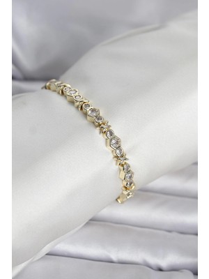 Aesco Mey Ithalat® Pirinç Gold Renk Petek Model Zirkon Taşlı Kadın Bileklik
