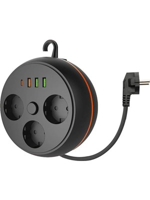 Aesco 3 Adet Soket,3 Adet USB ve 1 Adet Type-C Girişli Termal Akım Korumalı Makaralı Priz 3395