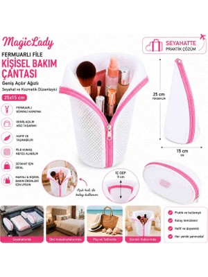 Magic Lady Fermuarlı Pembe File Kişisel Bakım Çantası – Geniş Açılır Ağızlı Seyahat ve Kozmetik Düzenleyic