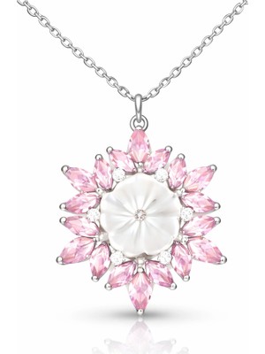 Tienda Elegante Gümüş Pembe Lotus Desenli Çiçek Kadın Kolye