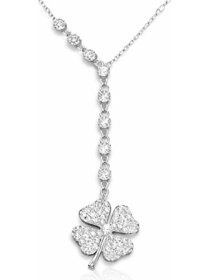 Tienda Elegante Gümüş Sıralı Zirkon Taşlı Yonca Kadın Kolye
