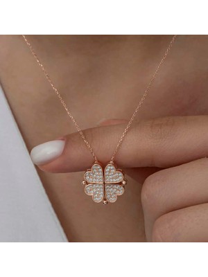 Tienda Elegante Gümüş Rose Kalpli Açılabilen Yonca Kadın Kolye