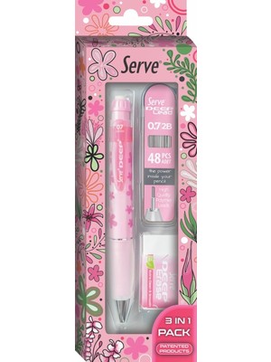Serve Doğa Desenli Deep Kalem, Deep Silgi ve Deep Min, 0.7 Mm, Şeker Pembe