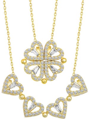 Tienda Elegante Gümüş Gold Kalpli Açılabilen Yonca Kadın Kolye