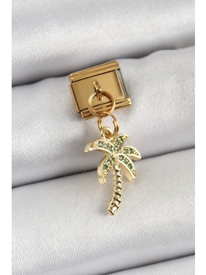 Aydogan's 316L Çelik Sallantılı Zirkon Taşlı Palmiye Ağacı Model Gold Renk Nomination Charm