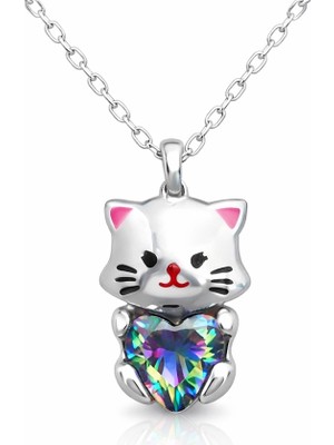 Tienda Elegante Gümüş Mistik Topaz Taşlı Sevimli Kedi Kolye