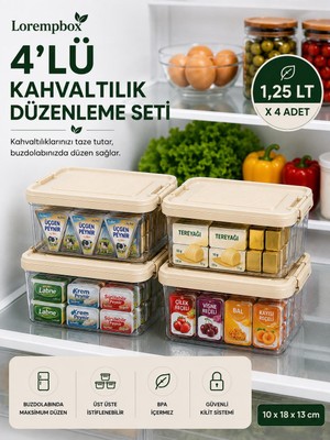 Lorempbox 4’lü Kahvaltılık Düzenleme Seti 1,25 Lt – Kilitli Kapaklı Şeffaf Buzdolabı Organizeri