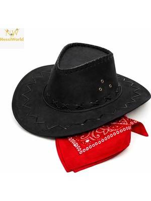 Aydogan's Çocuk Kovboy Şapka Siyah & Kırmızı Bandana Seti