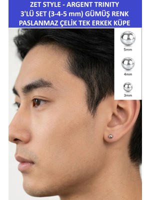 Zetconcept Zet Style Argent Trınıty 3'lü Set (3-4-5 Mm) Gümüş Renk Paslanmaz Çelik Tek Erkek Küpe