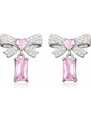 Tienda Elegante Gümüş Pembe Taşlı Fiyonk Kadın Küpe