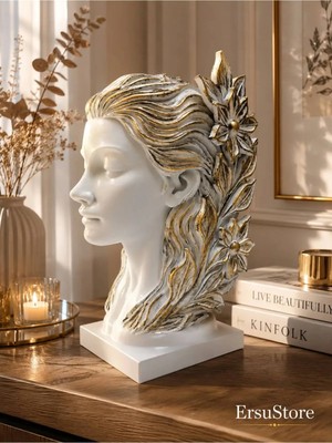 Ersu Store Dekoratif Kadın Büstü Heykel Gold Detaylı Beyaz Biblo  Modern Salon, Ofis ve Ev Dekorasyonu