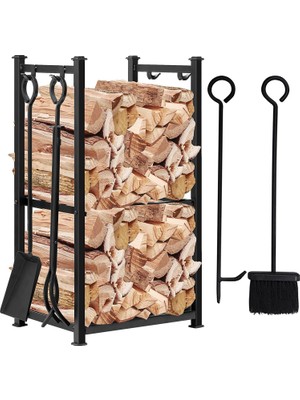 Somineco Somıneco 5 Li Ithal Metal Odunluk Raflı Şömine -Soba Maşa Takımı Aksesuar Seti SS-001