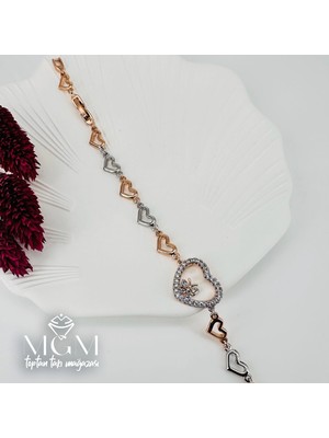Trend Kapında Rodyum+Rose Zirkon Taşlı Pirinç Bileklikler 18+3 cm - KBL0042