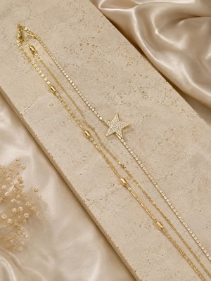 Fm 💎 Premium Parlak Gold Renk Yıldız Figürlü Su Yolu Taş Detaylı Katmanlı Kadın Bijuteri Bileklik (22cm)