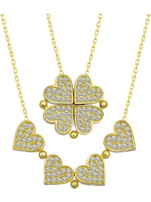 Tienda Elegante Gümüş Gold Kalpli Açılabilen Yonca Kadın Kolye