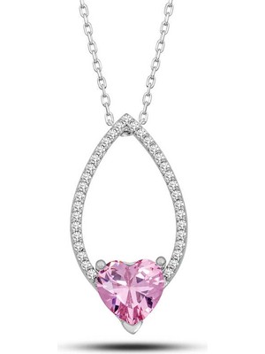 Tienda Elegante Gümüş Pembe Taşlı Kalp Kadın Kolye