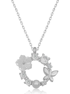 Tienda Elegante Gümüş Manolya Çiçeği Kelebek Kadın Kolye