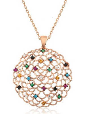 Tienda Elegante Gümüş Rose Geometrik Desenli Madalyon Kolye