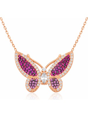 Tienda Elegante Gümüş Rose Pembe Kelebek Bayan Kolye