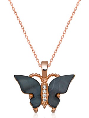 Tienda Elegante Gümüş Rose Antrasit Kaplangözü Taşlı Kelebek Kolye
