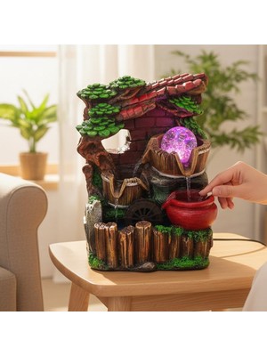 Keyfim Shop Dekoratif Ahşap Ev ve Ağaç Tasarımlı Renkli LED Işıklı Su Şelalesi