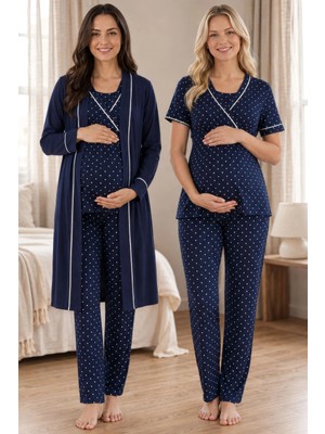 bylohusa Puantiyeli Emzirme Özellikli Sabahlıklı Hamile Lohusa Pijama Takımı Effortt - Lacivert