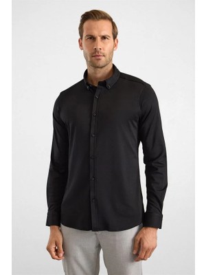 Süvari Siyah Slim Düğmeli Yaka Manşetli Casual Gömlek
