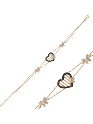 Tienda Elegante Gümüş Rose Kalpli Kelebek Bayan Bileklik