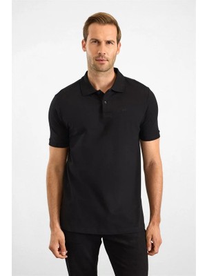 Süvari Siyah Slim Düz Nakışlı Pike Düğmeli Polo Yaka Tişört