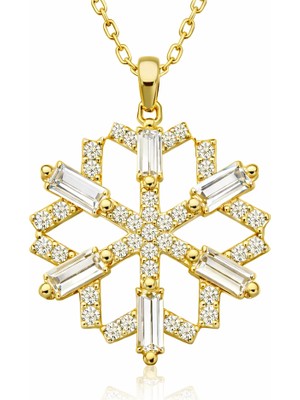 Tienda Elegante Gümüş Gold Baget Taşlı Kar Tanesi Kolye