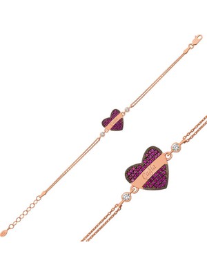 Tienda Elegante Gümüş Rose Kırmızı Kalp İsimli Bayan Bileklik