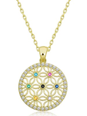 Tienda Elegante Gümüş Gold Renkli Taşlı Yaşam Çiçeği Kadın Kolye