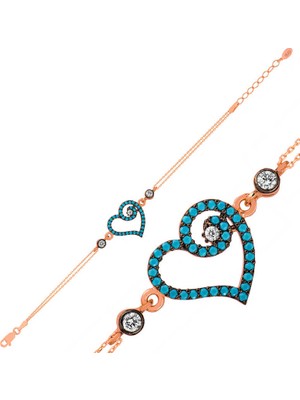 Tienda Elegante Gümüş Rose Mavi Kalpli Bayan Bileklik