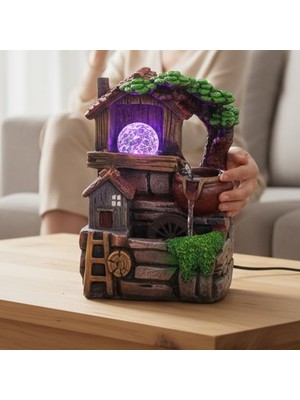 Keyfim Shop Dekoratif Ev ve Ağaç Tasarımlı Renkli LED Işıklı Su Şelalesi