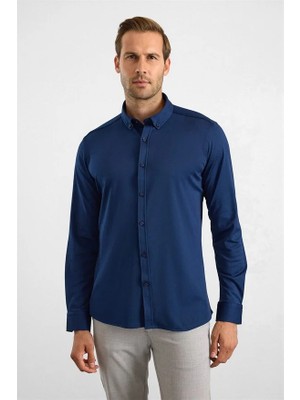 Süvari Lacivert Slim Düğmeli Yaka Manşetli Casual Gömlek
