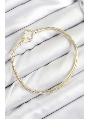 Gees Global Pirinç Charm Zirkon Taşlı Yonca Model Gold Renk Kadın Bileklik