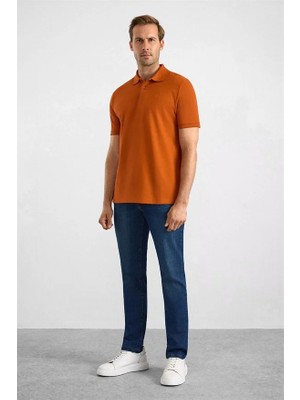 Süvari Kiremit Slim Düz Nakışlı Pike Düğmeli Polo Yaka Tişört