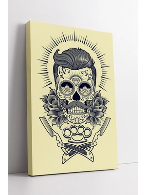 Mushen Studio Sugar Skull Berber Temalı  Retro Tarz Erkek Kuaförü Duvar Dekoru Kanvas Tablo Duvar Dekoru Salon Ofi
