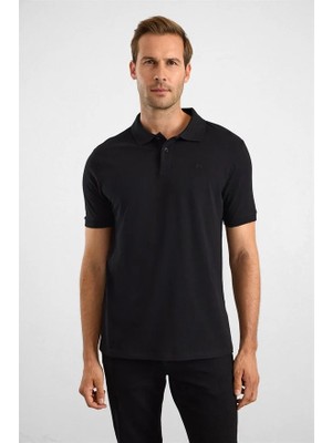 Süvari Siyah Slim Düz Baskısız Pike Düğmeli Polo Yaka Tişört