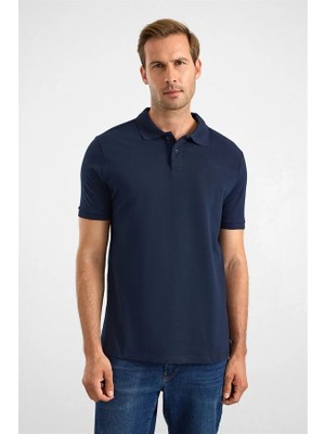 Süvari Lacivert Slim Düz Baskısız Pike Düğmeli Polo Yaka Tişört