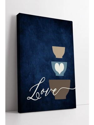 Mushen Studio Love Yazılı Kalp Figürlü Minimal Renkli Kase Tasarımlı Modern Mutfak Duvar Dekor Kanvas Tablo Duvar