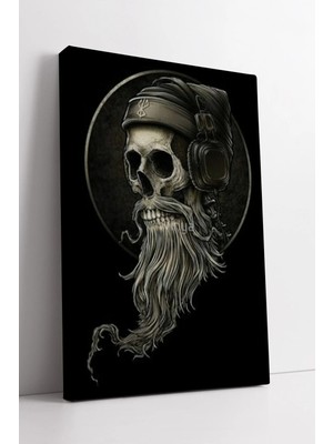 Mushen Studio Kulaklık ve Uzun Sakallı Kafatası Çizimli Karanlık Stil Modern Barber Konsept Kanvas Tablo Duvar Dek