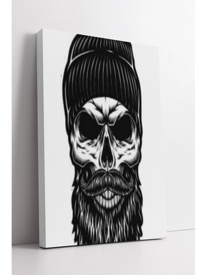 Mushen Studio Siyah Beyaz Kafatası ve Sakallı Maskülen Çizim Modern Dekoratif Barber Temalı Kanvas Tablo Duvar Dek