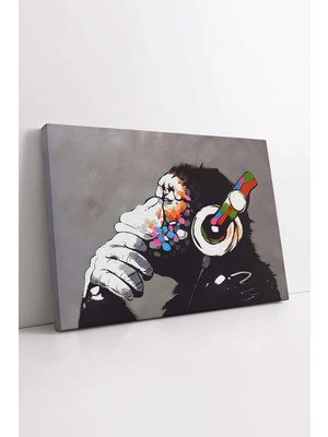 Mushen Studio Banksy Maymun Grafiti , Müzik Dinleyen Maymun Tablo, Kulaklık Takan Maymun Kanvas Kanvas Tablo Duvar
