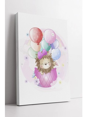 Mushen Studio Balon Sepetli Aslan Çocuk Odası  Pembe Pastel Renkli Sevimli Dekoratif Sanat Kanvas Tablo Duvar Deko
