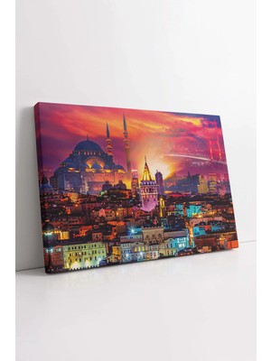 Mushen Studio Galata Kulesi Süleymaniye Camii Boğaz Köprüsü Istanbul Gece Manzarası Dekoratif Yatay Kanvas Tablo D