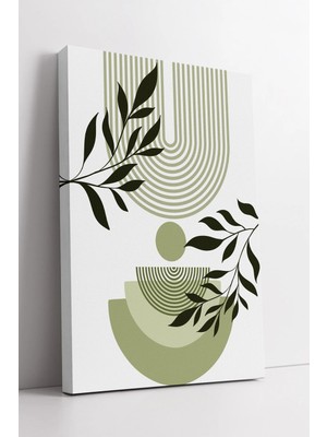 Mushen Studio Yeşil Yaprak ve Çizgisel Geometrik Desenli Modern Minimal Boho Tarzında Dekoratif Kanvas Tablo Duvar